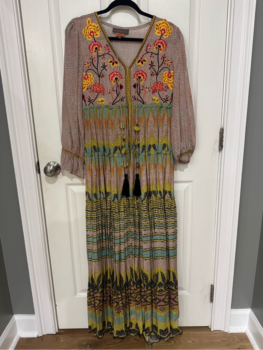 Boho Embroidered Maxi Dress in Taupe with Yellow Accents